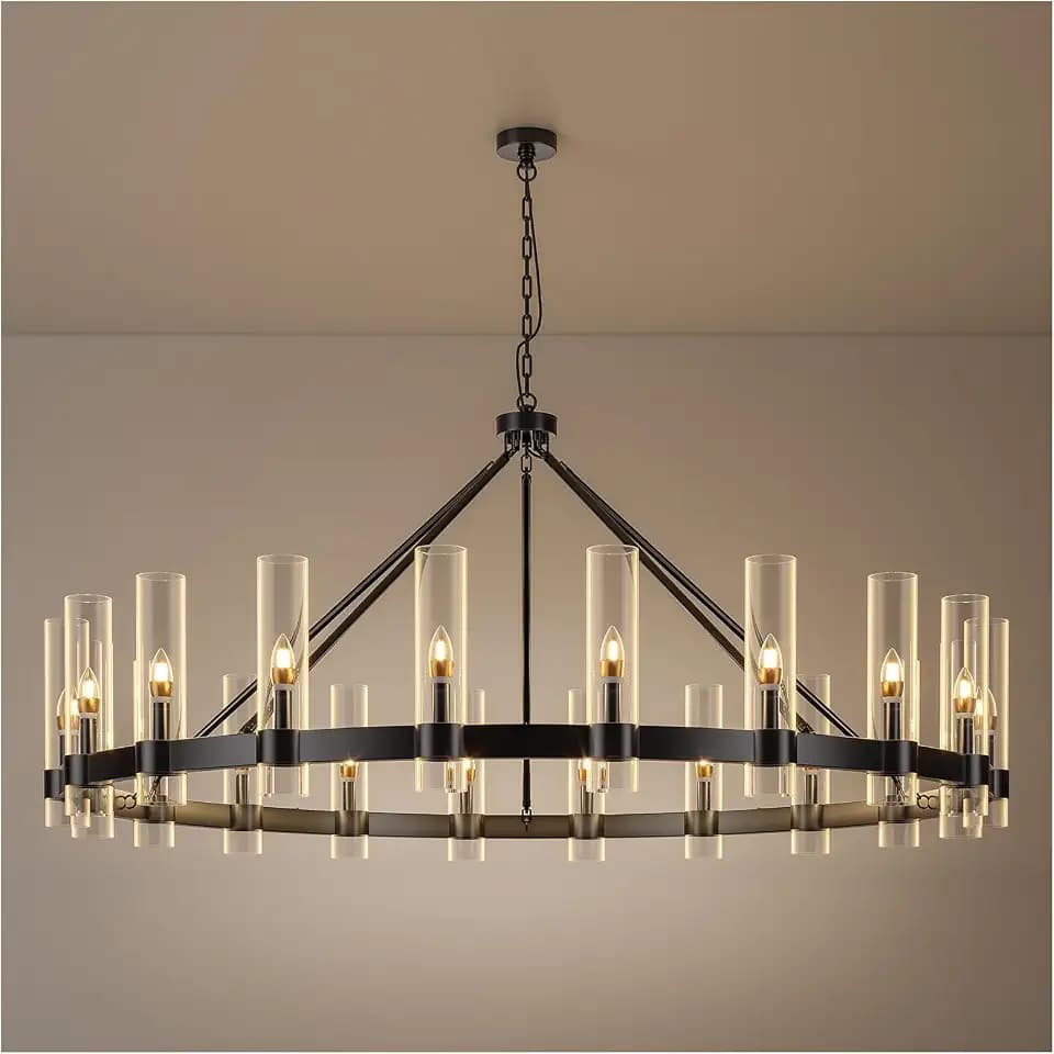 20-Lights Black Wagon Wheel Chandelier Modern Farmhouse with Glass Shade, 60 Inch Large Round Industrial High Ceilings Pendant Lighting Fixture for Dining Living Room, Kitchen Island, Foyer