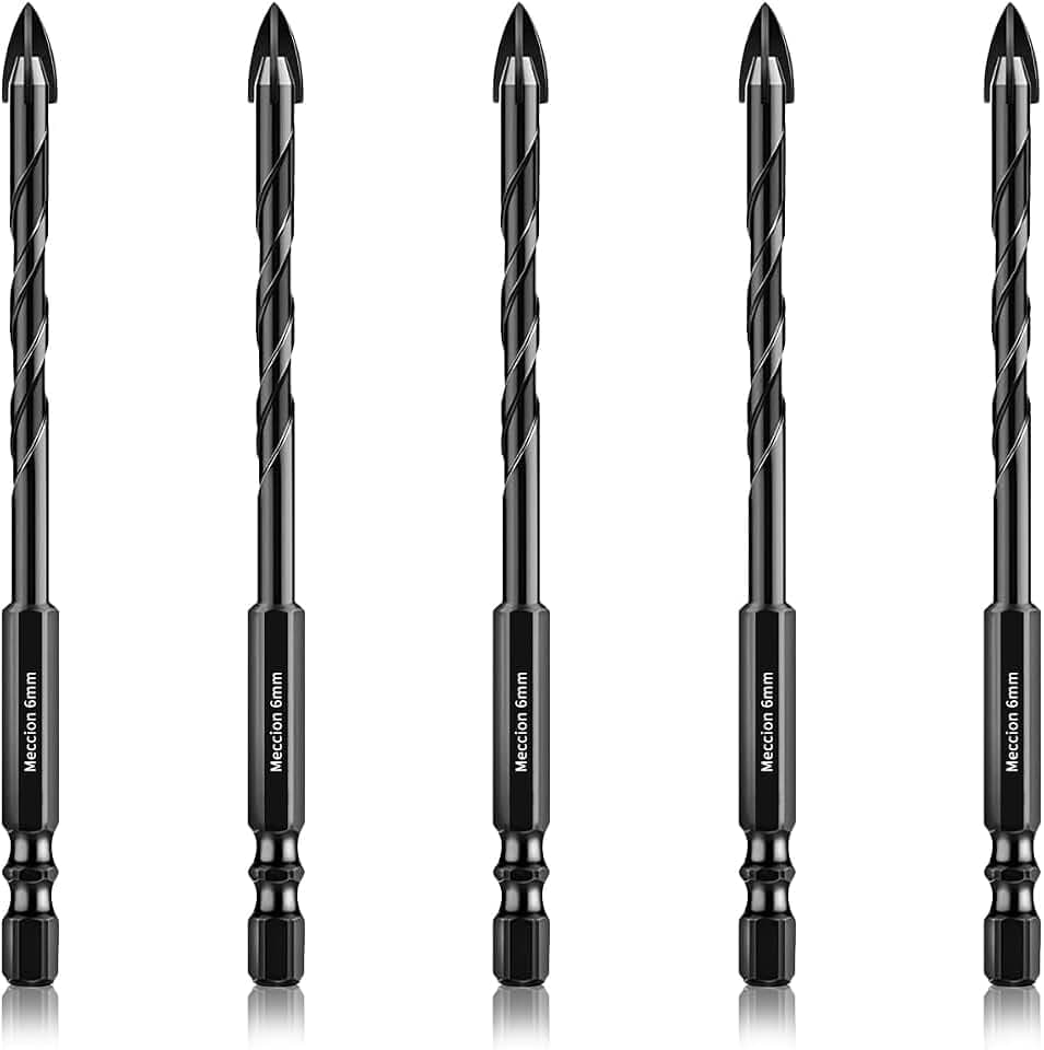 Meccion Fliesenbohrer 5tlg. 6mm Glasbohrer Professionell Kreuz Wolframkarbid Bohrer für Fliesen, Keramik, Mauerwerk, Glas, Kunststoff, Holz, Porzellan, Weichmetall