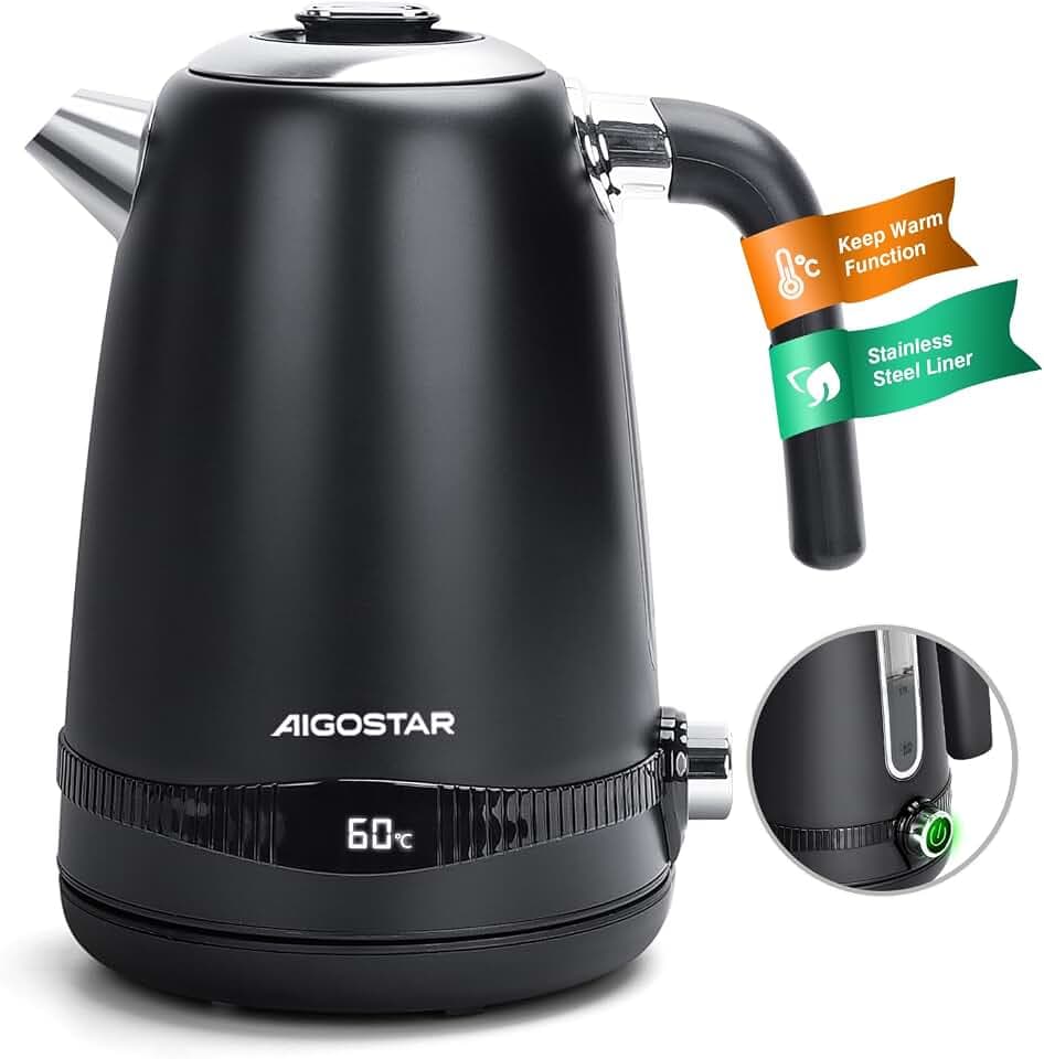 Aigostar Edelstahl Wasserkocher mit Temperatureinstellung, Schwarz Matt