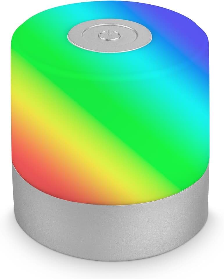 BRILONER - Mini LED Tischlampe kabellos mit Touch, dimmbar in Stufen, buntes RGB+w Licht, Nachttischlampe, Leselampe, LED lampe, Campinglampe, Tischleuchte, Akku Lampe, Touchlampe, 7x7 cm, Chrom-Matt