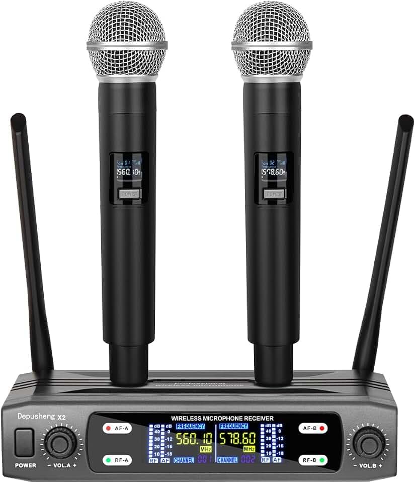Depusheng Drahtloses Mikrofonsystem, VHF-Drahtlosset mit Fester Dualfrequenz und 2 dynamischen Handsendern, drahtloses Mikrofonset für Gesang, Karaoke, Kirche, DJ, 200 Fuß Reichweite