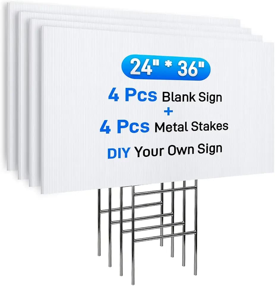 Mulctun 24"x36" 5mm Blank Yard Signs with Stakes,4Pcs Corrugated Plastic Board Yard Signs,Waterproof Corrugated Plastic Sheets for Lawn Signs,Garage Sale,Open House and Real Estate Indoor Outdoor Use（White）