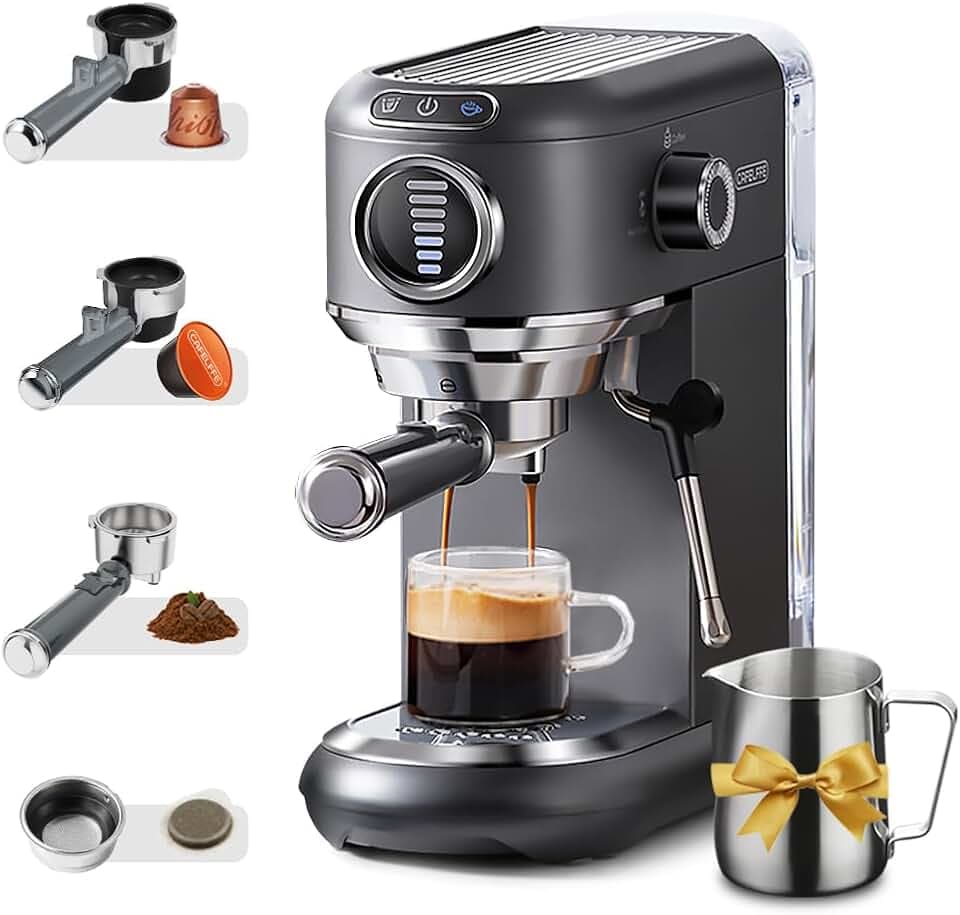 CAFELFFE Espressomaschine mit Milchaufschäumer, Siebträgermaschine für Heiß- und Kaltbrühkaffee, Für Nes*- und DG*-Kapseln, ESE-Pads und Kaffeesatz, 7-stufige Kaffeemengenauswahl, Grau