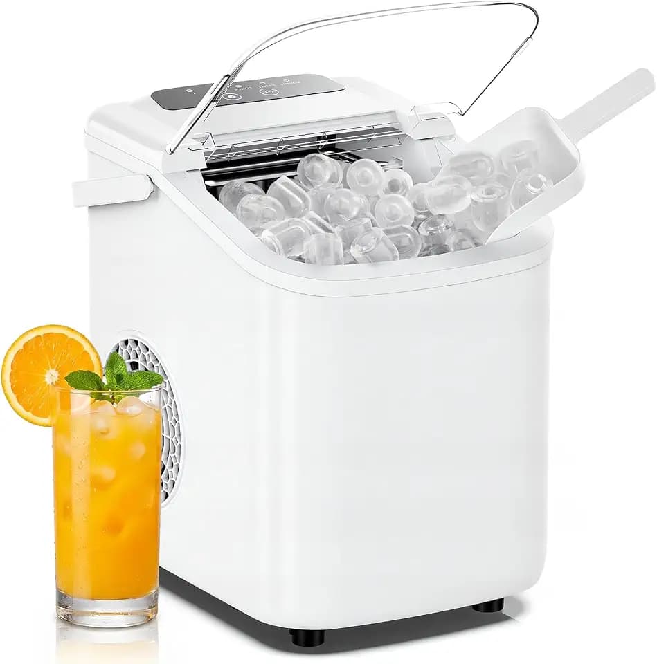 DUMOS Ice Maker Countertop, Ice Machine with Portable Handle, Basket and Scoop, 26lbs Daily, 9 Bullet Cubes in 6-8 Mins, Auto-Cleaning for Home, Kitchen, Office, Outdoors, RV Camping