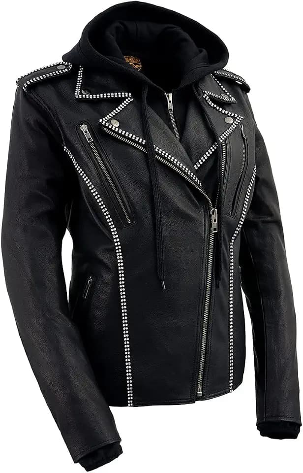 Milwaukee Leather MLL2503 Women's Black 'Bedazzled' Leather Moto Jacket with Hoodie