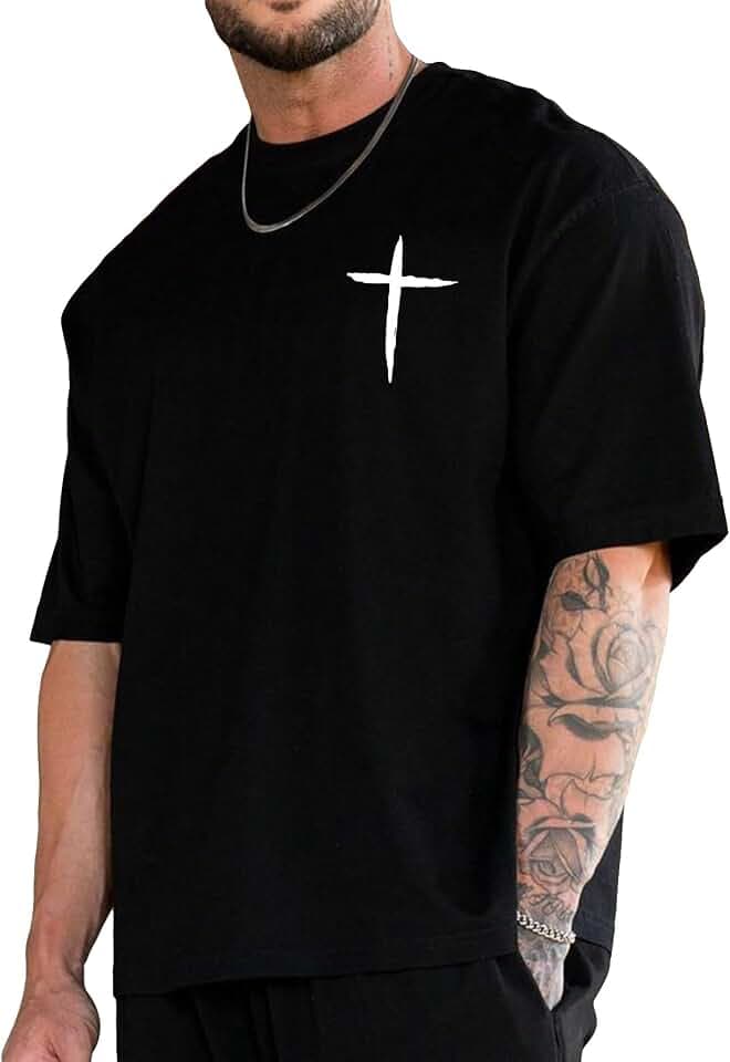 BEAUDRM Men's Plus Size Cross Graphic Tee Short Sleeve Regular Fit T Shirt