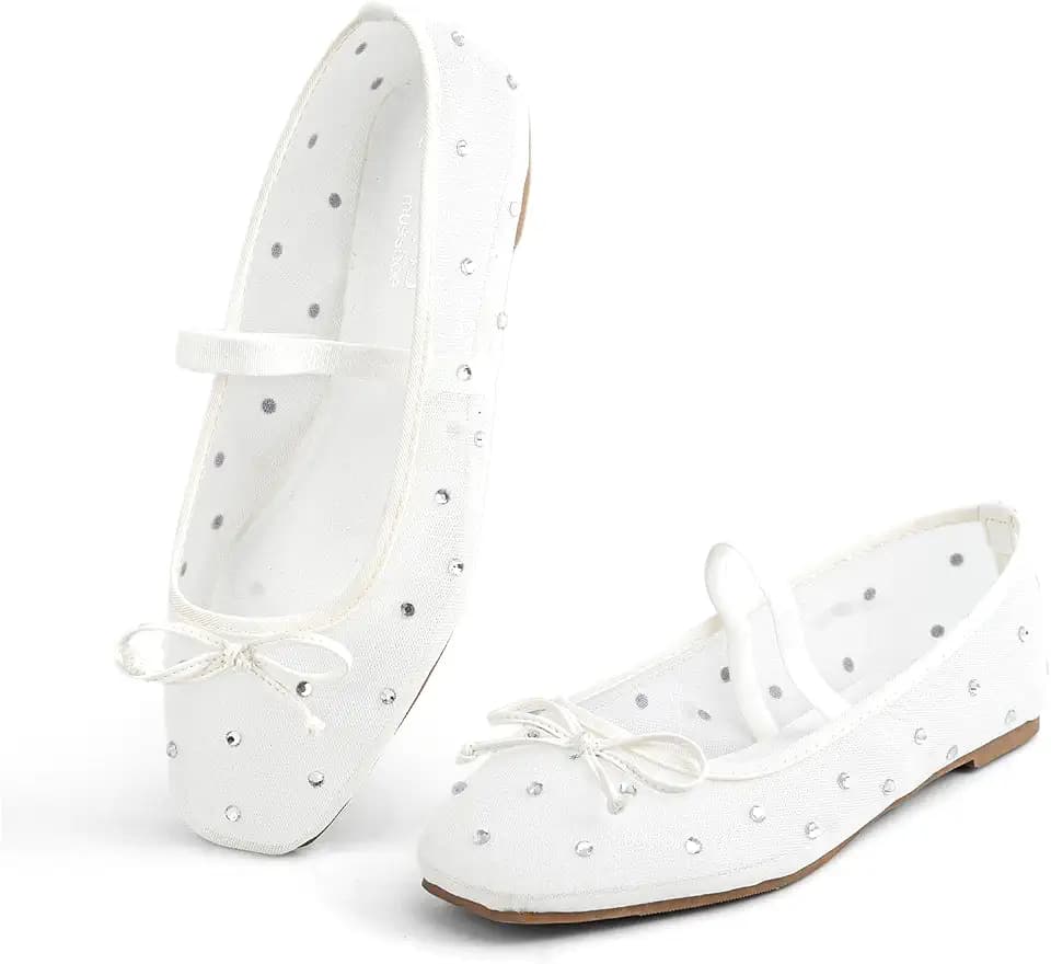 MUSSHOE Mesh Ballet Flats for Women: Square Toe Mary Jane Flats with Rhinestone Slip-on Dressy Comfortable Casual Ballerina Shoes for Wedding Bridal Work