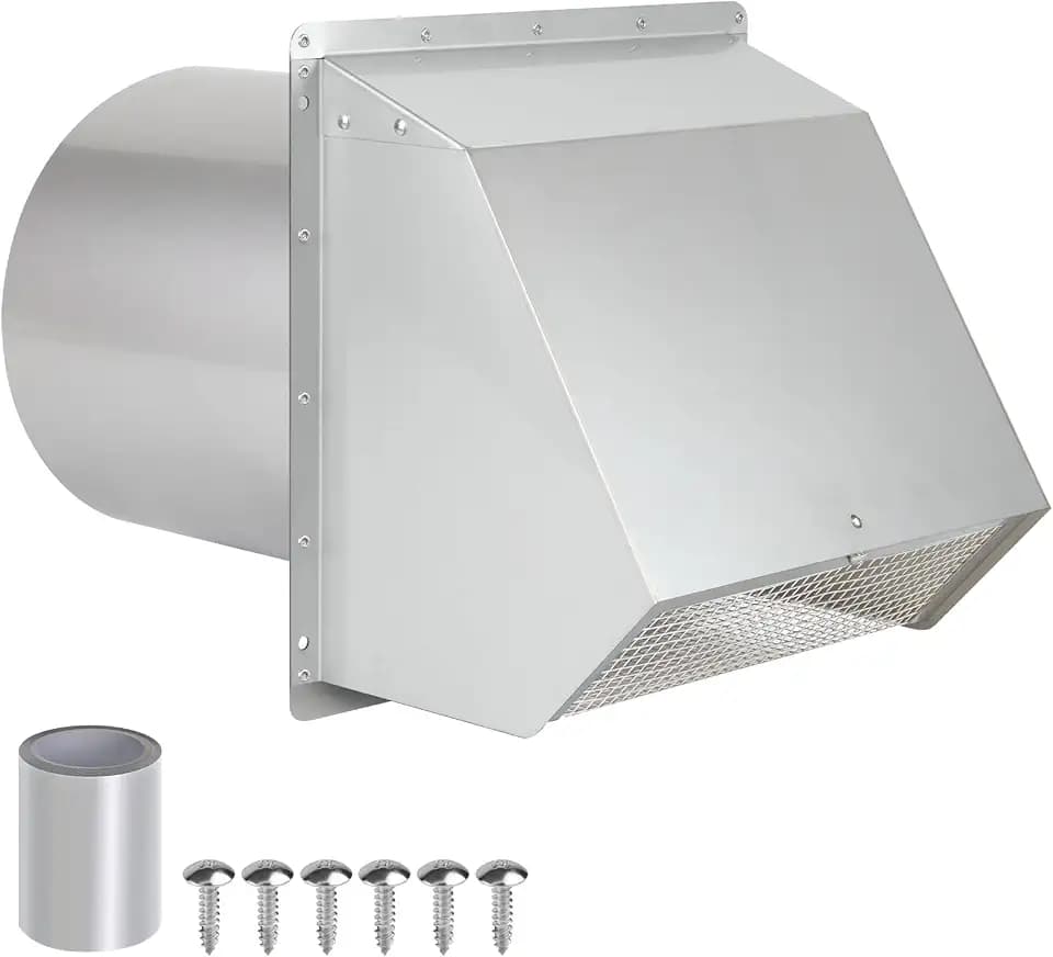 6 Inch Wall Vent Cover,Exterior Wall Vent Hood with Screen and Damper Exhaust Dryer Vent Cover Outside,External Extractor Wall Exhaust Vent Cap for Range Hood Kitchen Outdoor Air Vent,Stainless Steel