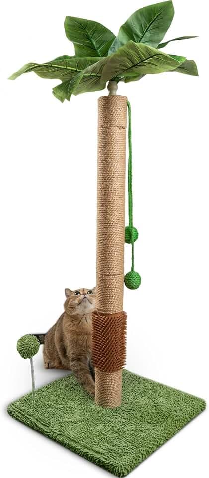 ANWA 88,9 cm hoher Katzenkratzbaum für Kätzchen und große Katzen, Kratzbaum für Indoor-Katzen mit selbstpflegender Gummibürste, Katzensisalstamm mit simulierten Blättern