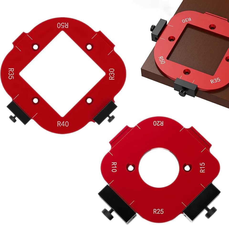 2 Stück Runde Eckradius Schablone mit R10/15/20/25 und R30/35/40/50 Radius, 4 in 1 Radius Jig Router Schablonen für Holzbearbeitung,Aluminiumlegierung Eckradius Frässchablonen mit Quadratische Bohrung