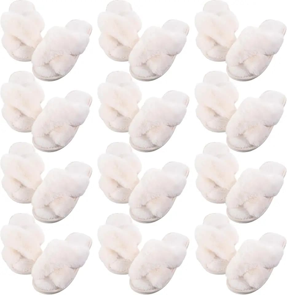 12 Pairs Women's Fuzzy Slippers Cross Band Open Toe Bridesmaid Fluffy Comfy House Slippers for Indoor Outdoor Wedding