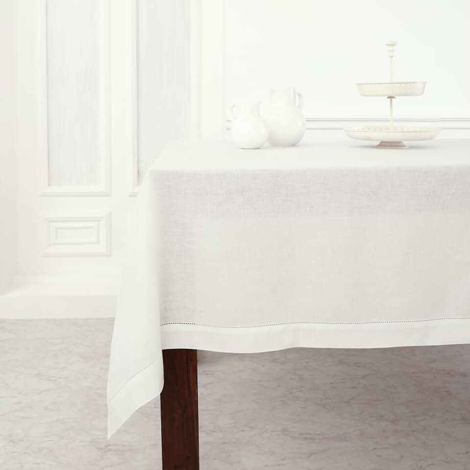 Solino Home 100% Pure Linen Tablecloth White, Classic Hemstitch 60 x 156 in