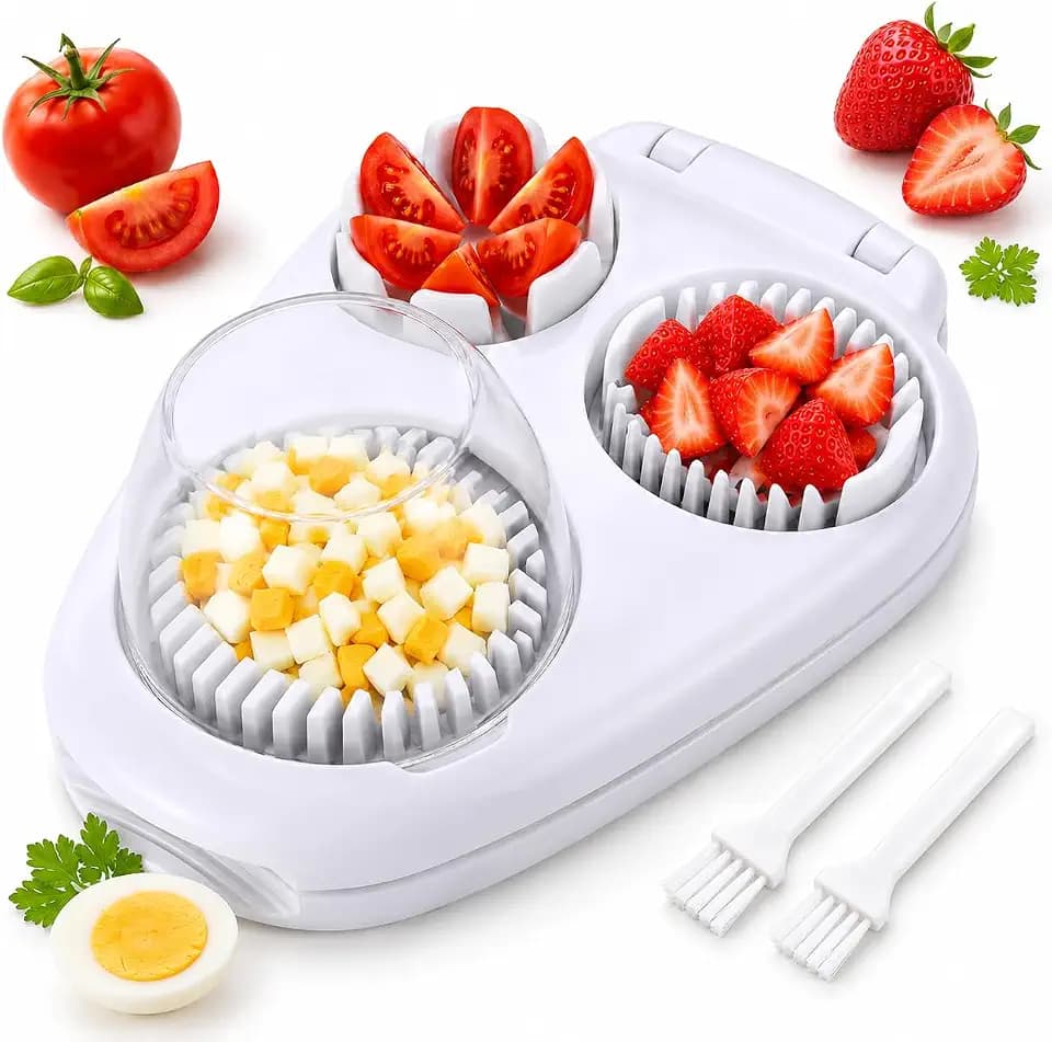 3-in-1 Egg Slicer with 2 Cleaning Brushes, Hard Boiled Egg Cutter, 3 Cutting Modes & Steel Blades – Eggs, Cherry Tomatoes, Strawberries, Kiwi – Perfect for Salads, Breakfast & Family Meals – White
