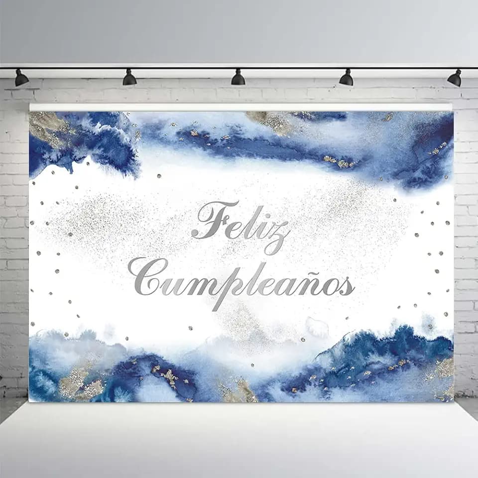 MEHOFOND 7x5ft Feliz cumpleaños Backdrop for Boy Mexican Fiesta Happy Birthday Party Decorations Supplies Royal Blue Watercolor Clouds Sliver Glitter Bday Photography Background Photobooth Studio