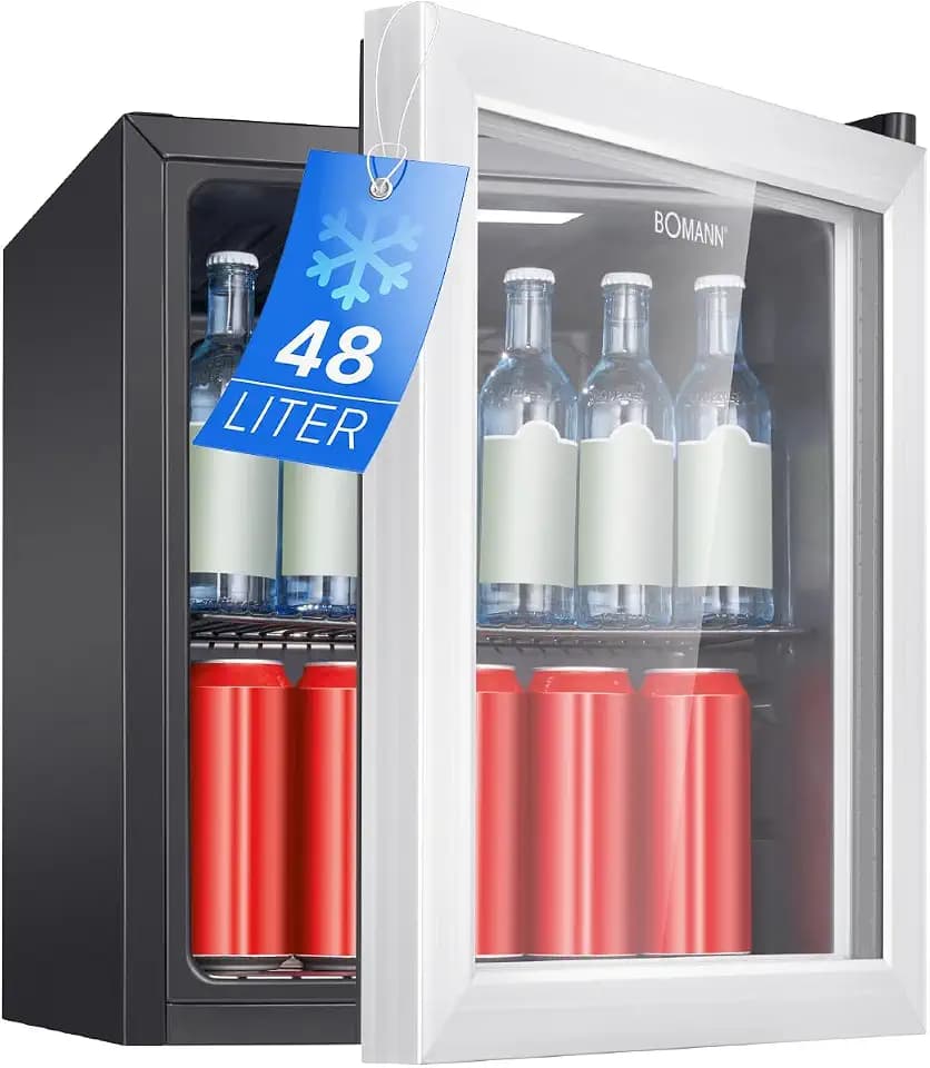 Bomann® Getränkekühlschrank 48L Nutzinhalt | Kühlschrank Minibar mit dreifachverglaster Glastür | Kühlschrank klein mit LED Beleuchtung & wechselbaren Türanschlag | Kühlschrank mit Glastür KSG 7286