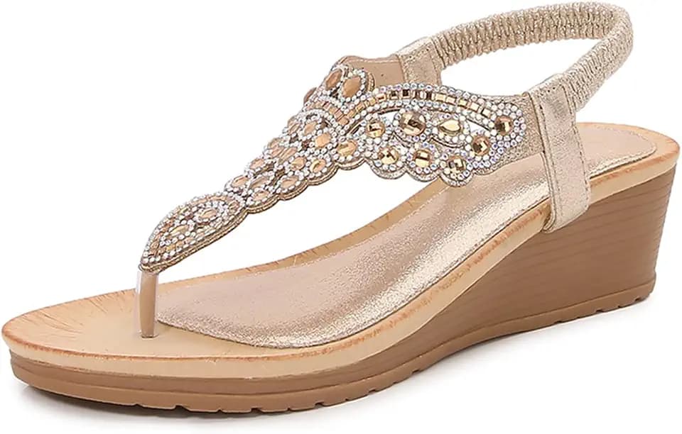 Women's T-Strappy Rhinestone Wedge Flip flop Sandals Fashion Round Open Toe Platform Arch Support Clip Toe Boho Beach Sandal with Elastic ankle strap for Outdoor Dress Walking