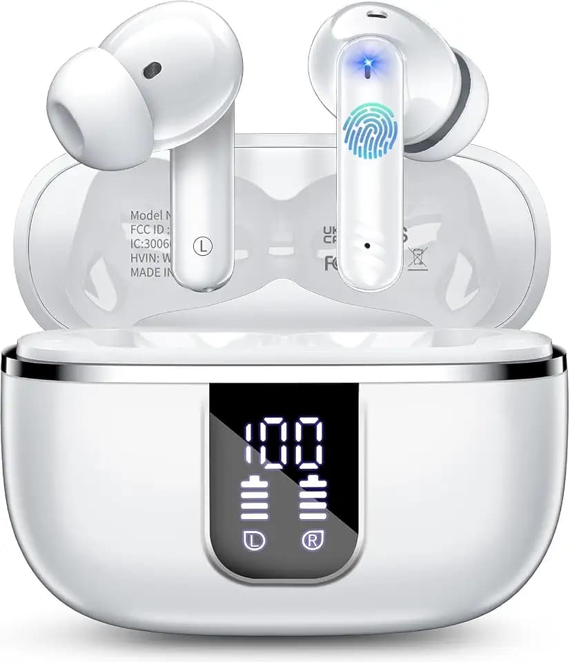 Wireless Earbuds, Bluetooth 5.4 Headphones with 4 Noise Cancelling Mic, 46H In-Ear Buds with 3D Bass Stereo Sound, Small Ears, LED Display, Calls Sports Workout, IPX7 Earphones for Android iOS, White