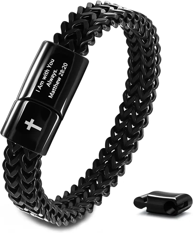 FEEL STYLE Mens Cross Bible Verse Bracelet Chain - Stainless Steel Christian Jesus Scripture Black Men's Bracelets - Religious Gifts for Men Boyfriend