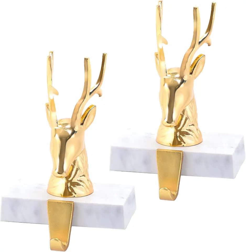 Weihnachtsstrumpfhalter für Kaminsims, 2er-Set, Rentier, Metall, Kaminstrümpfe, Haken für Weihnachtsregal, Kamin, Topper, Dekorationen (Chrom, Gold)