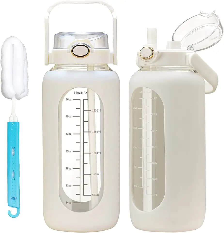 chunmo 64oz Glass Water Bolttles with Straw Half Gallon Large Motivational Water Bottle with Time Marker Sports Water Bottles with Silicone Sleeve and Handle Lid Water Jug for Gym Workout
