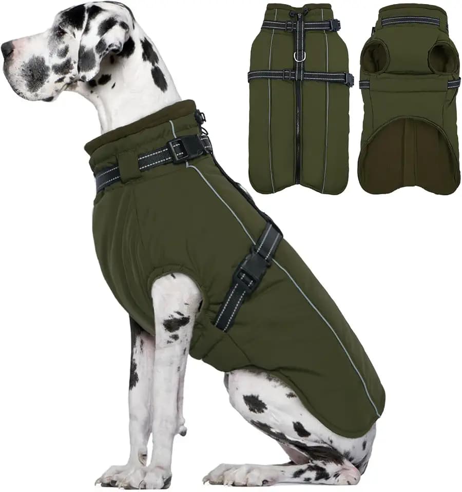Lelepet Hundemantel für den Winter, Warme Hundejacke mit integriertem Geschirr, Winddicht Mantel mit Fleece Gefüttert für Hunde, Reflektierende Hundeweste für Kaltes Wetter, Armeegrün 2XL