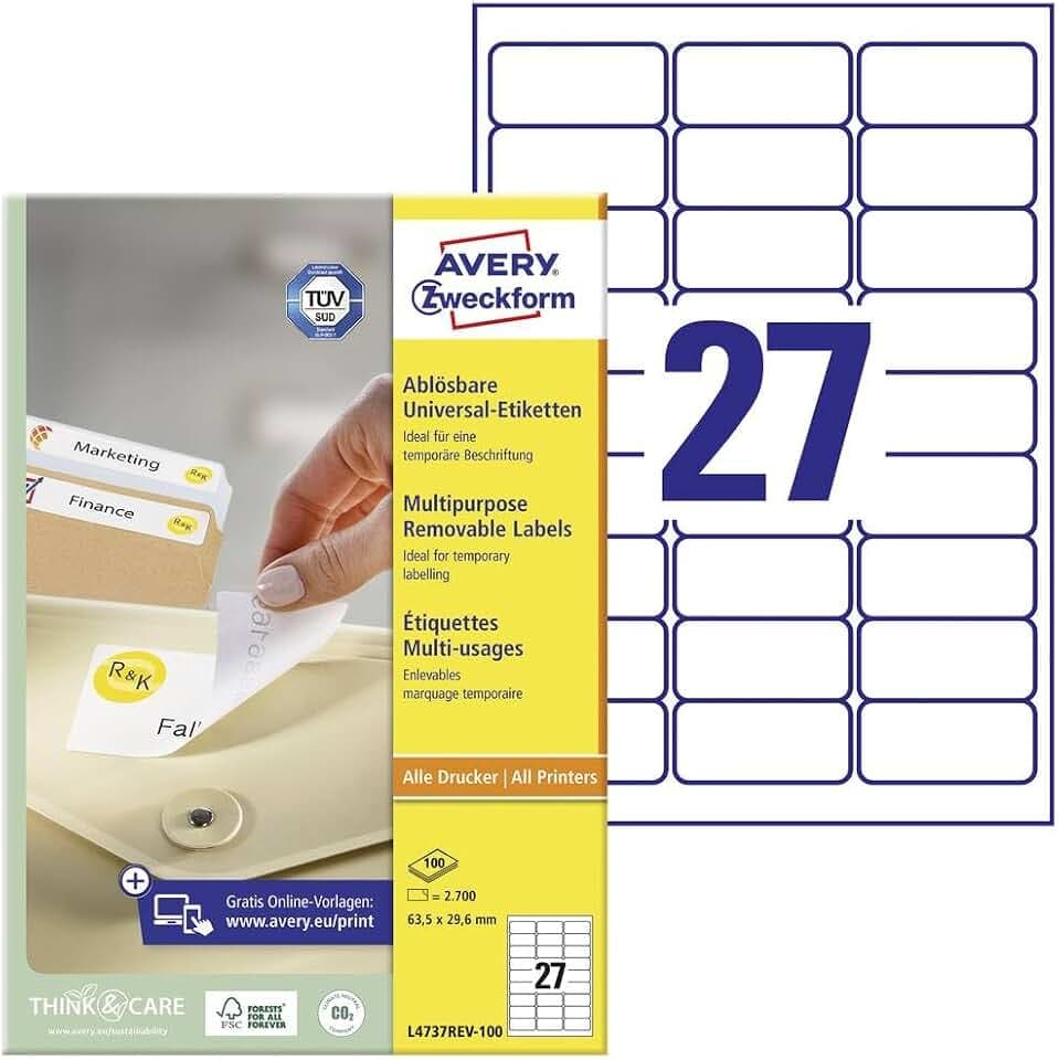 AVERY Zweckform L4737REV-100 Universal Etiketten (2.700 Klebeetiketten, 63,5x29,6mm auf A4, wieder rückstandsfrei ablösbar/abziehbar, individuell bedruckbare, selbstklebende Aufkleber) 100 Blatt, weiß