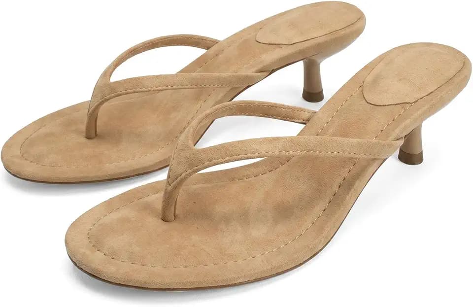 Suede Flip Flops for Women Open Round Toe Thong Heeled Sandals Kitten Heels