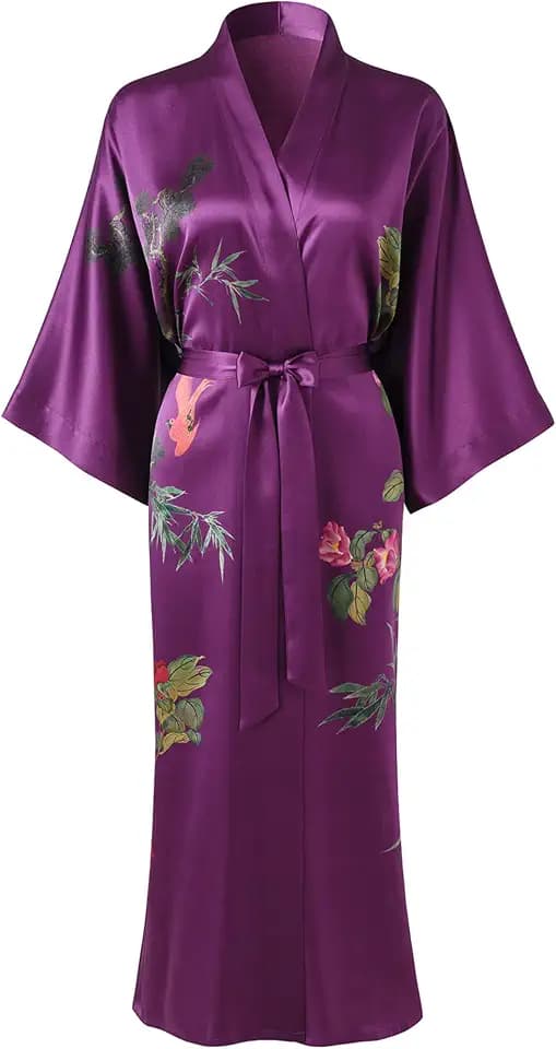 Damen 100% Seide Kimono Robe Lang Bademantel Nachthemd