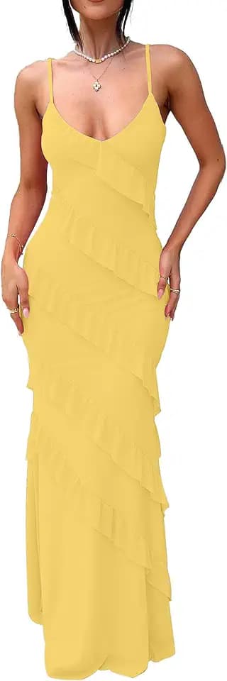 HOCILLE Women's Sexy V Neck Mesh Bodycon Wedding Guest Cocktail Maxi Dress