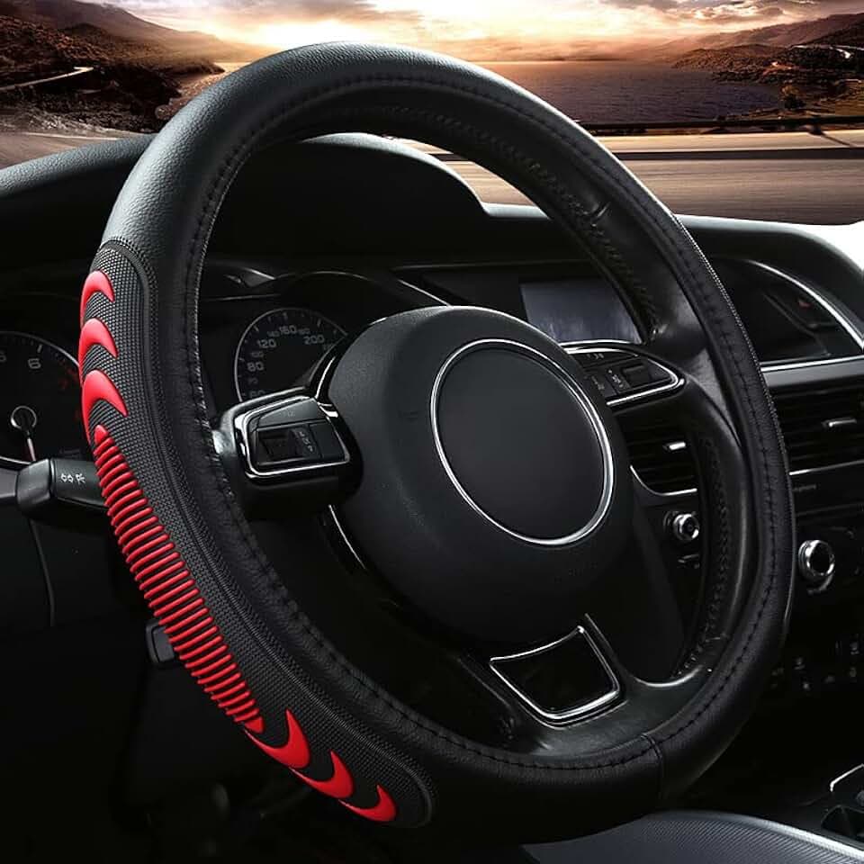 Yangday Leather Steering Wheel Cover for Ford F150 F250 F350, 15.5-16 inches Car Steering Wheel Cover with Anti-Slip Massage Particle (Red)