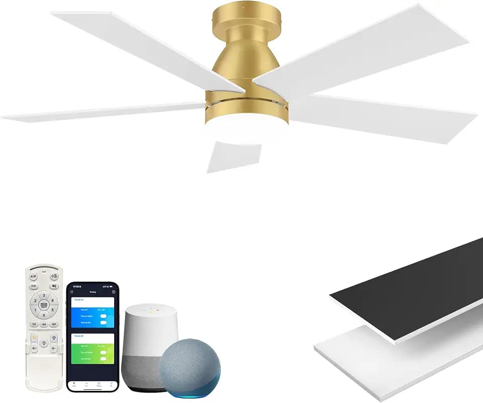 42 In Smart Ceiling Fans with Lights Remote,Control via WiFi Voice Alexa APP,Quiet DC Motor,6-Speed,Flush Mount Low Profile Ceiling Fan for Modern Bedroom,Patio,Outdoor/Indoor Use,Black White and Gold
