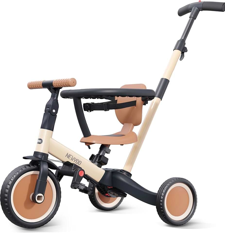 newyoo 5-in-1 Dreirad mit Schubstange & Sicherheitsbügel 1-3 Jahre, Khaki | TR008, Laufrad ab 1 Jahr, Sicherheitsbügel, abnehmbare Schubstange, verstellbarer Sitz, Geschenk Jungen & Mädchen