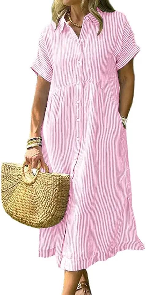 chouyatou Women's Summer Striped Midi Long Shirt Dress Casual Loose Short Sleeve Button Down Dress