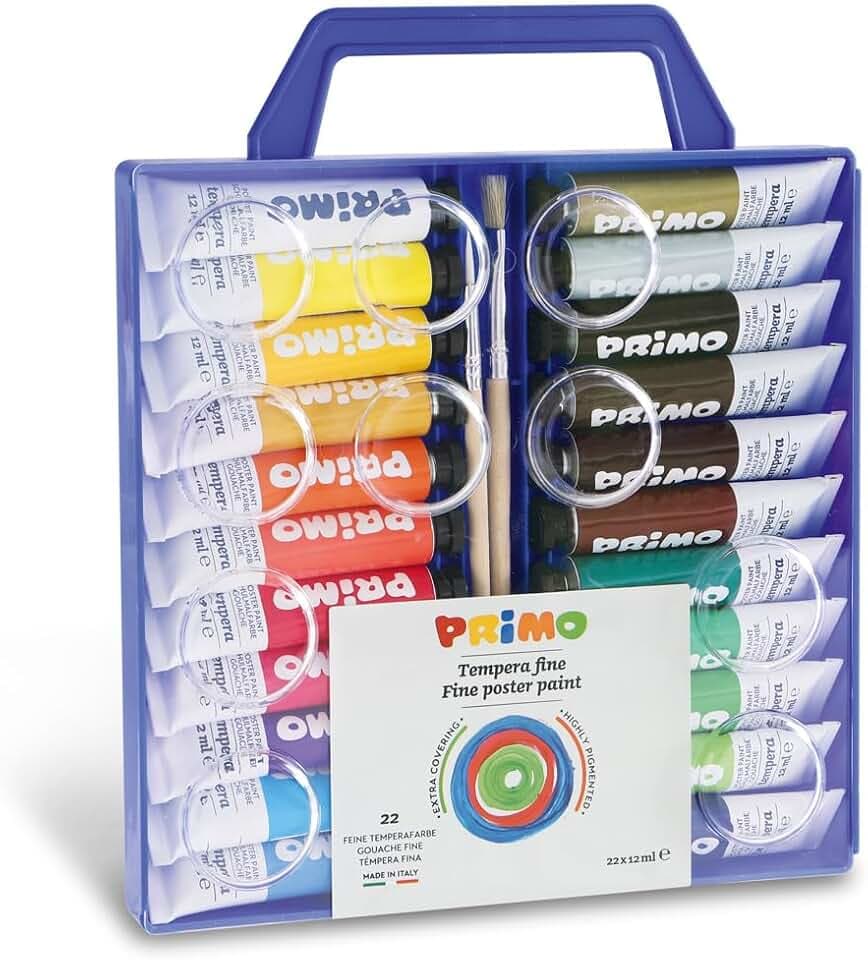 Primo – Malkoffer für Kinder ab 3 Jahren mit Temperafarben, 22 Tuben mit je 44 ml + 2 Malpinsel, für Feine Malerei auf Stoff, Papier, Glas, Kreative Arbeiten für Kinder