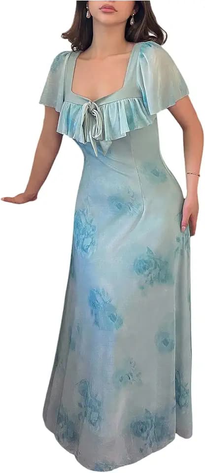Floerns Women's Floral Ruffle Bow Front Wedding Guest Dress Mesh Short Sleeve Square Neck Maxi Dresses