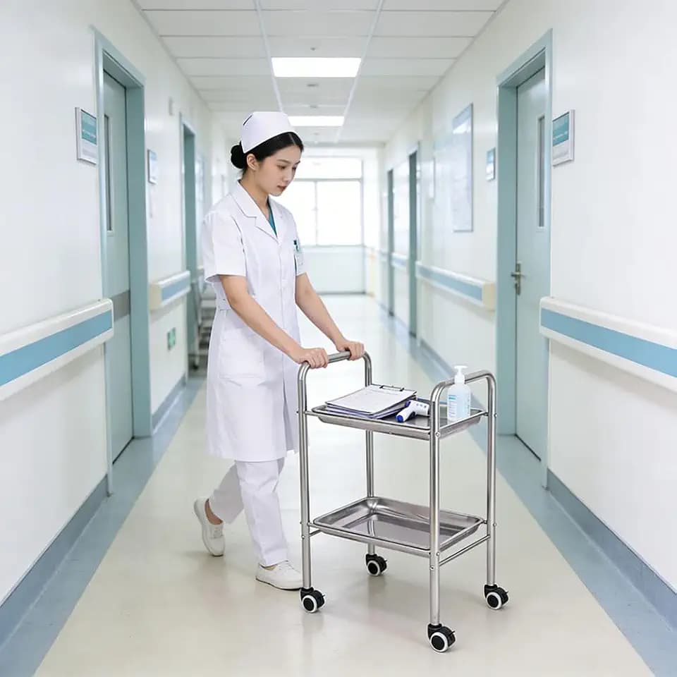 Stainless Steel 2-Tier Rolling Utility Cart with Locking Wheels, Multi-Purpose Service Trolley for Hotel, Office, Kitchen, Medical Use (14"x21"x31")