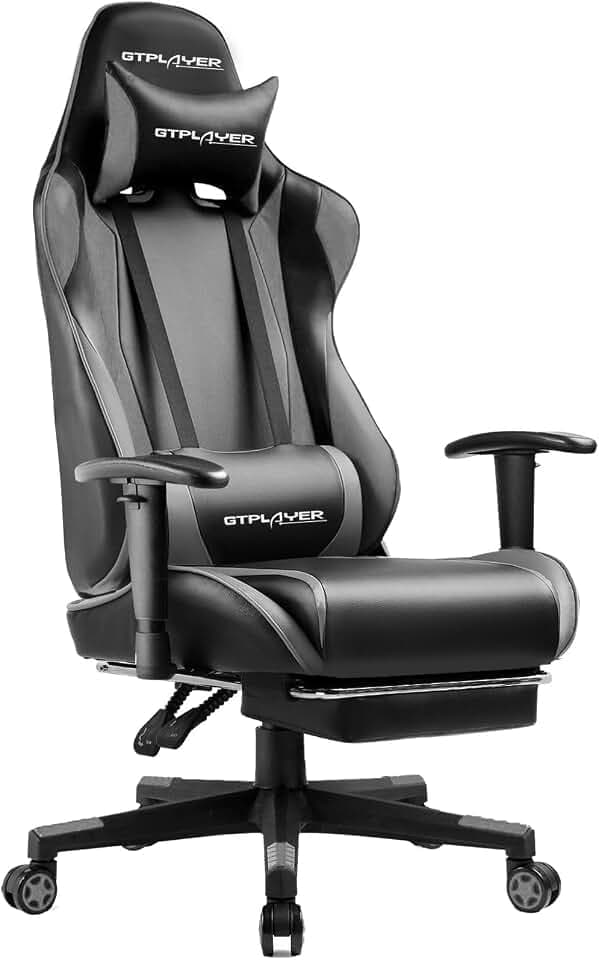 GTPLAYER Gaming Chair with Footrest, Ergonomic Computer Game Desk Chair, Reclining Game Chair Seat Height Adjustment, Swivel Rocker with Headrest and Lumbar (Grey)