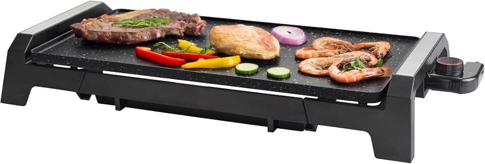 SENYA Elektrische Grillplatte – 2200 W Platte in Steinoptik, Antihaftbeschichtung, große Grillfläche für 6 bis 8 Personen, Fettauffangschale, spülmaschinengeeignet