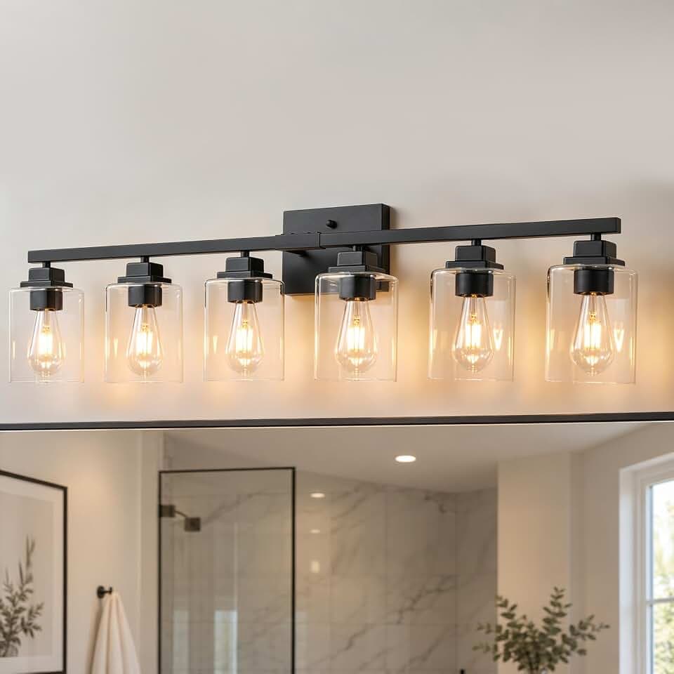 Matte Black Bathroom Light Fixtures, 6-Light Vanity Lights over mirror