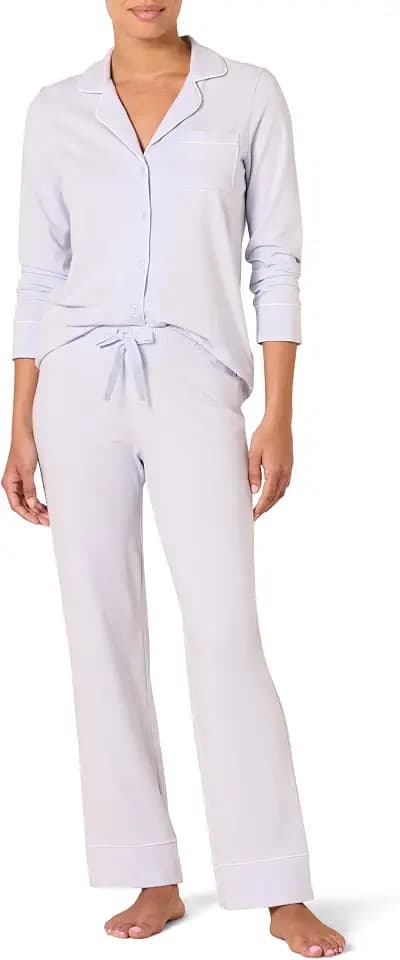 Amazon Essentials Women's Cotton Modal Long-Sleeve Notch Collar Shirt and Full-Length Elastic Waist Pajama Pant Set