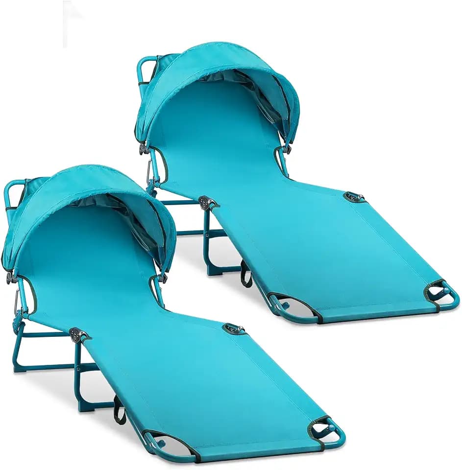 Colorsoul 2 Pack Tanning Chair with Sun Canopy,Adjustable 4-Position Beach Lounge Chair for Adults,Heavy Duty Folding Outdoor Lounge Chair,for Patio Poolside Sunbathing,UPF 50+,300 LBS,Blue