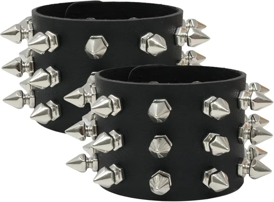 Honbay Exaggerated Black Leather Rivet Spiked Studded Bracelet Gothic Punk Rock Biker Cuff Wrap Bangle Snap Button Metal Bracelet for Men Women