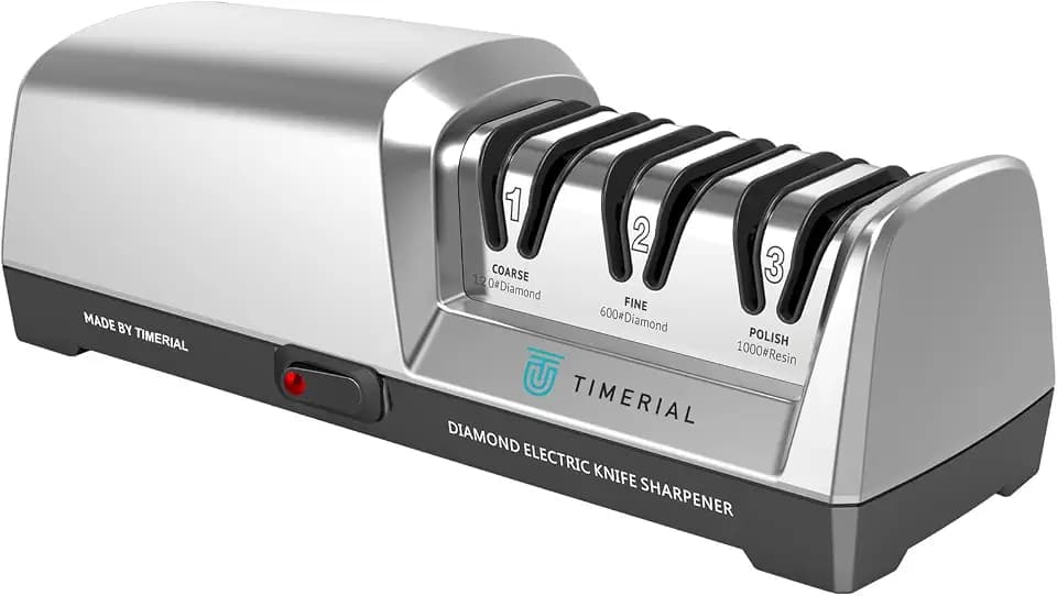 TIMERIAL Elektrischer Messerschärfer 3-Stufen-Diamantschleifscheibe 15° Präzisions-Winkelführung, zum Schärfen und Polieren von Küchenmessern aus Stahl, 120 Grit und 600 Grit und 1000 Grit
