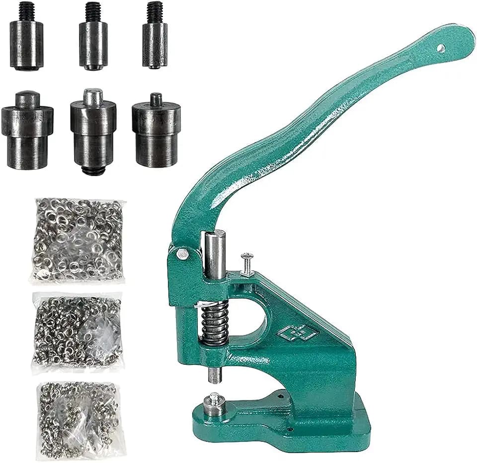 QWORK® Oesenpressen-Set aus Gusseisen, Handhebelpresse mit 6/10/12-mm-Werkzeugen und 1500 silberfarbenen Oesen, je 500 pro Groesse