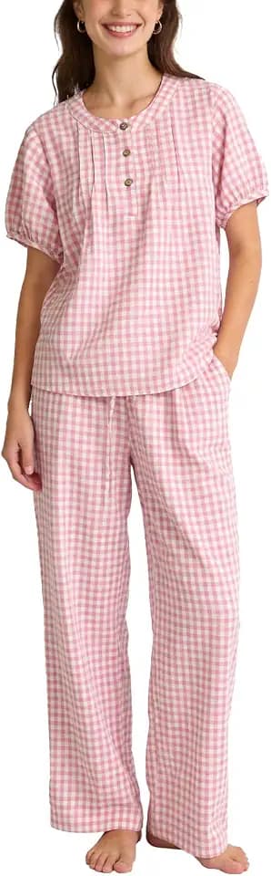 Flygo Womens Gingham Pajama Set 2 Piece Cotton Pjs Lounge Sets
