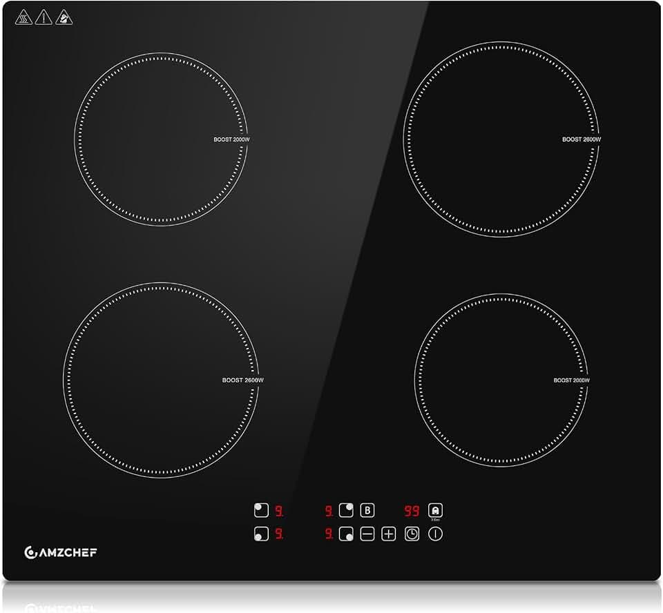 AMZCHEF 4 Platten Induktionskochfeld 60 cm, 7400W Einbau Induktionskochplatte mit 9 Leistungsstufen und Boost, Sicherheitsschloss und Timer, Überhitzungsschutz, LED-Touchscreen