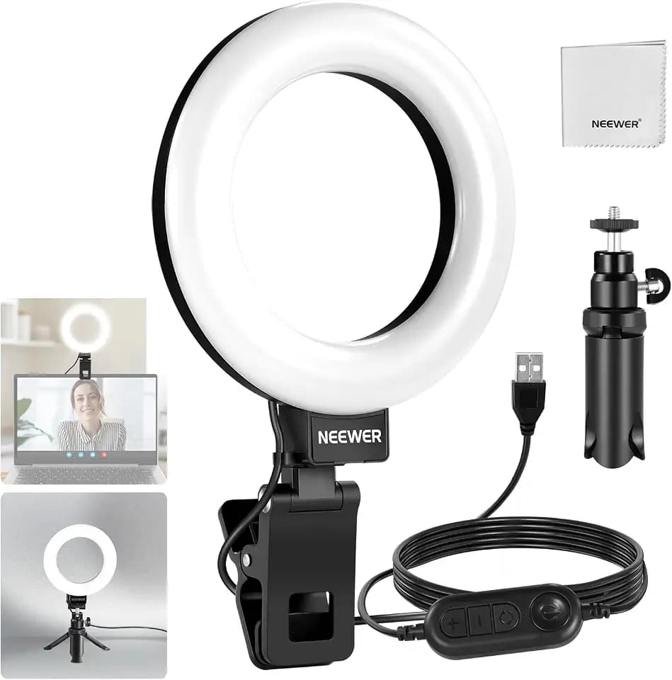 NEEWER Basics 5" Ringlicht mit Mini Stativ Ständer für Tisch Videokonferenz Licht, Clip on Streaming Set für Monitor Webcam Laptop Computer Make up Selfies Videoaufnahmen, Reinigungstuch, BR60