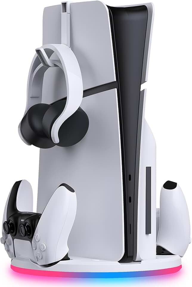 Ständer mit Dual Controller Ladegerät für PS5 Slim – PlayStation 5 Standfuß mit Twin Controller Ladestation und Headset Halterung – RGB Beleuchtung – Schnelladung - Für Dualsense und Dualsense Edge