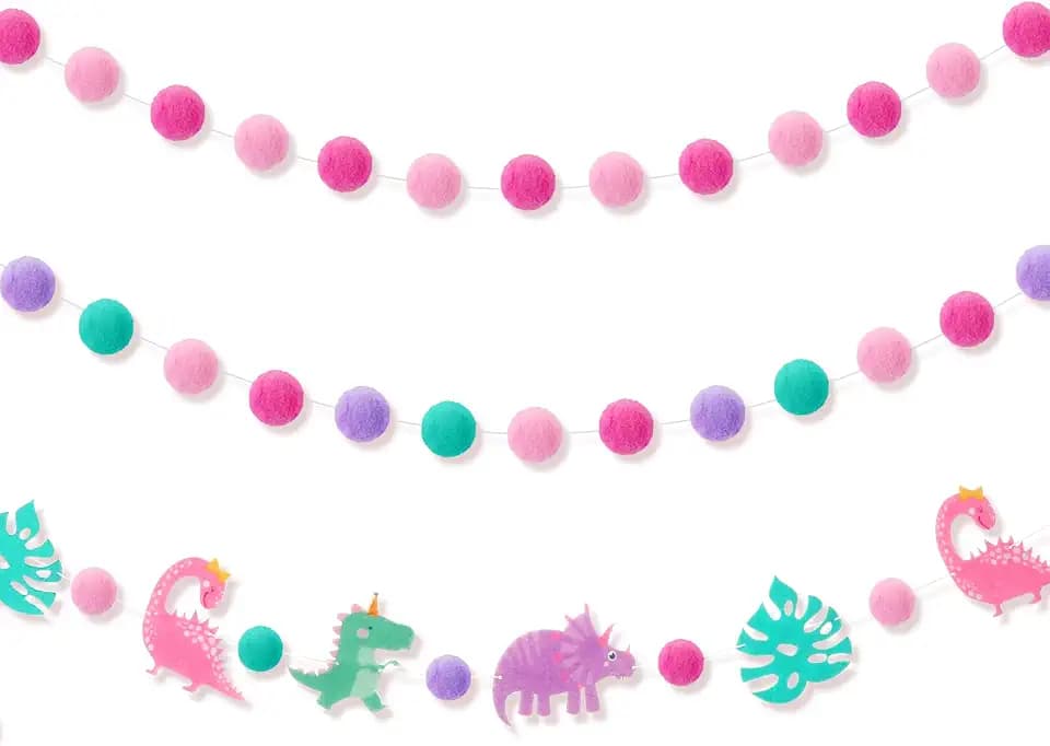 Kingdder 3 Pcs Pink Dinosaur Banner Party Decoration for Girls Pink Pom Pom Birthday Garland Felt Ball Banner Dinosaur Theme Holiday Hanging Garlands for Baby Shower Nursery Photo Prop Party Supplies