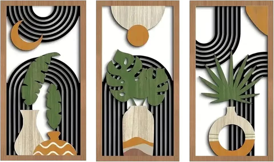 Yixuan 3 Stücke Boho Wanddekoration, Moderne Leichte Holz Wandskulpturen mit Laser-Cut Muster, Abstrakte Geometrischen Palmblatt Vase Wandkunst Dekoration für Wohnzimmer, Schlafzimmer, Flur